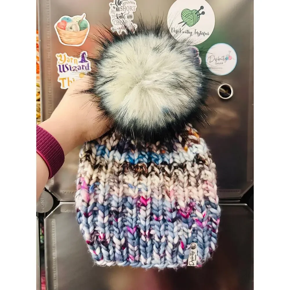 Hand Knit Scrappy Merino Wool Beanie: DefiKnitly Tasteful Knit Hat with Faux Fur